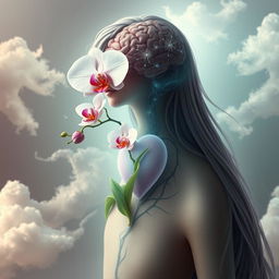 A creative representation of a fantastical person with an orchid flower blooming from their heart, symbolizing growth and beauty