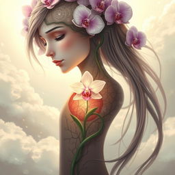 A creative representation of a fantastical person with an orchid flower blooming from their heart, symbolizing growth and beauty