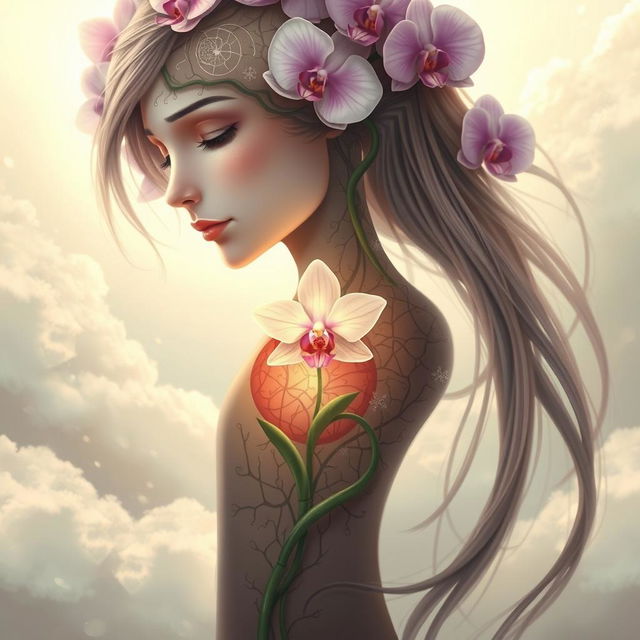 A creative representation of a fantastical person with an orchid flower blooming from their heart, symbolizing growth and beauty