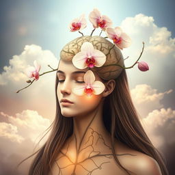 A creative representation of a fantastical person with an orchid flower blooming from their heart, symbolizing growth and beauty