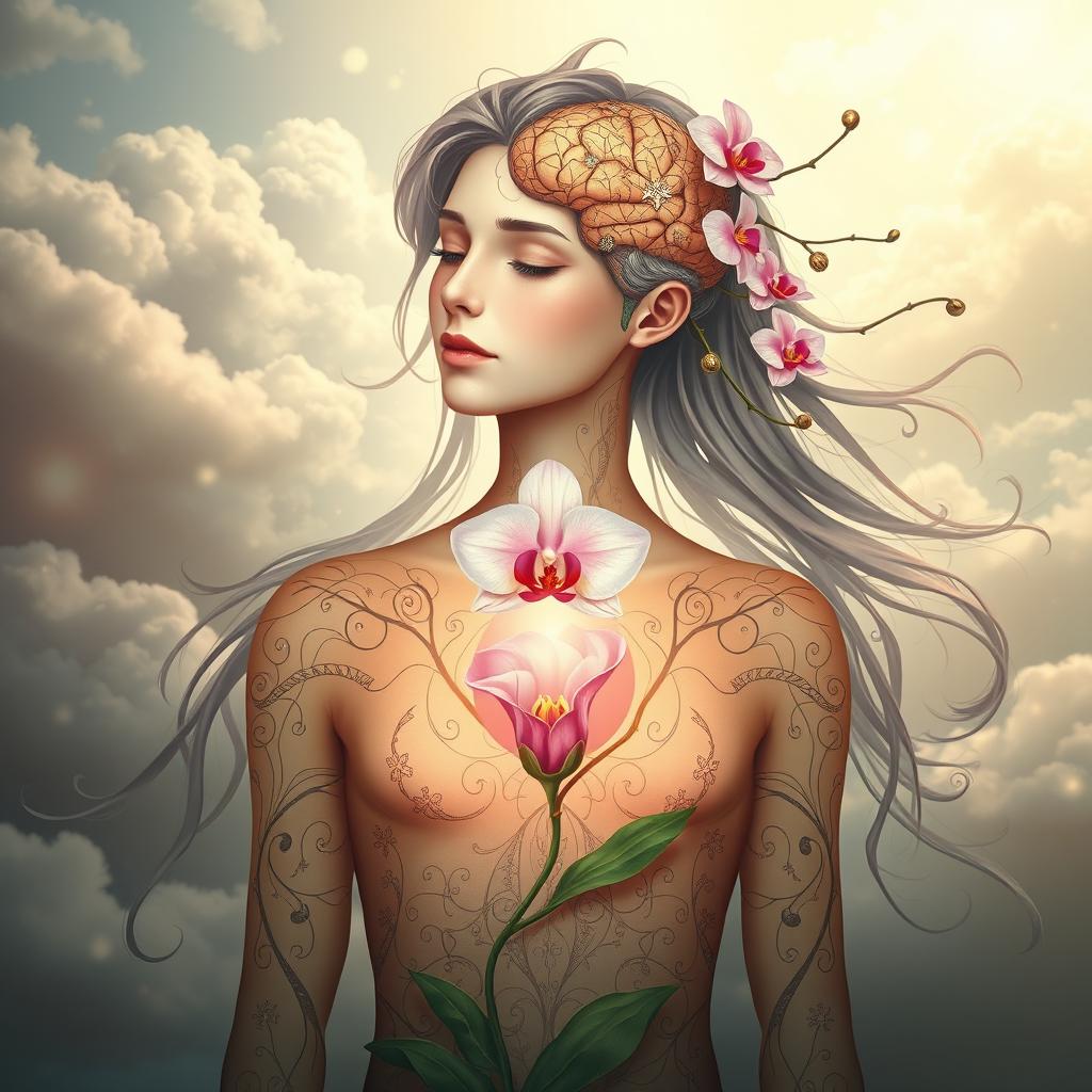 A creative representation of a fantastical person with an orchid flower blooming from their heart, symbolizing growth and beauty