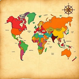 An artistic world map featuring vivid colors highlighting different countries, with names labeled clearly in a modern font