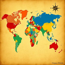An artistic world map featuring vivid colors highlighting different countries, with names labeled clearly in a modern font