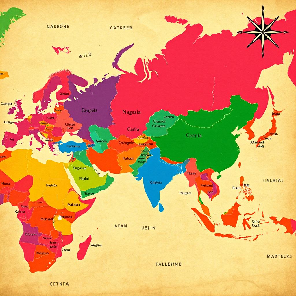 An artistic world map featuring vivid colors highlighting different countries, with names labeled clearly in a modern font