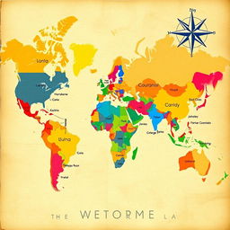 An artistic world map featuring vivid colors highlighting different countries, with names labeled clearly in a modern font