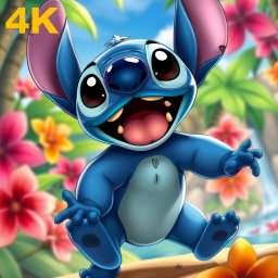 A detailed and vibrant illustration of Stitch, the beloved character from Disney's Lilo & Stitch, in a playful and dynamic pose
