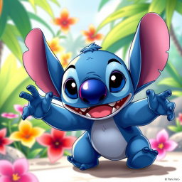 A detailed and vibrant illustration of Stitch, the beloved character from Disney's Lilo & Stitch, in a playful and dynamic pose