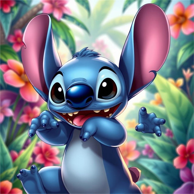 A detailed and vibrant illustration of Stitch, the beloved character from Disney's Lilo & Stitch, in a playful and dynamic pose
