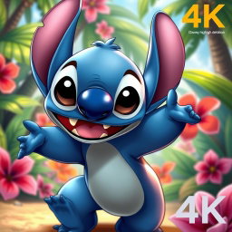 A detailed and vibrant illustration of Stitch, the beloved character from Disney's Lilo & Stitch, in a playful and dynamic pose