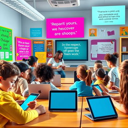 A modern classroom scene illustrating character education in the digital era