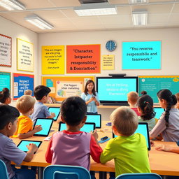 A modern classroom scene illustrating character education in the digital era