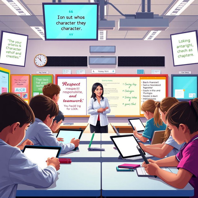 A modern classroom scene illustrating character education in the digital era