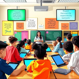 A modern classroom scene illustrating character education in the digital era
