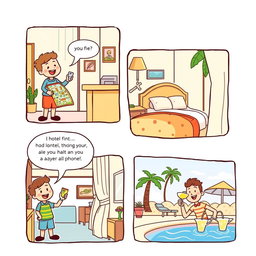 A charming cartoon comic strip that fits on short bond paper, illustrating the experience of a traveler checking into a cozy hotel