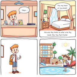 A charming cartoon comic strip that fits on short bond paper, illustrating the experience of a traveler checking into a cozy hotel