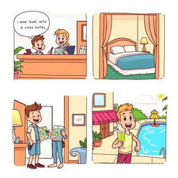 A charming cartoon comic strip that fits on short bond paper, illustrating the experience of a traveler checking into a cozy hotel