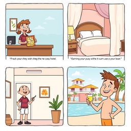 A charming cartoon comic strip that fits on short bond paper, illustrating the experience of a traveler checking into a cozy hotel