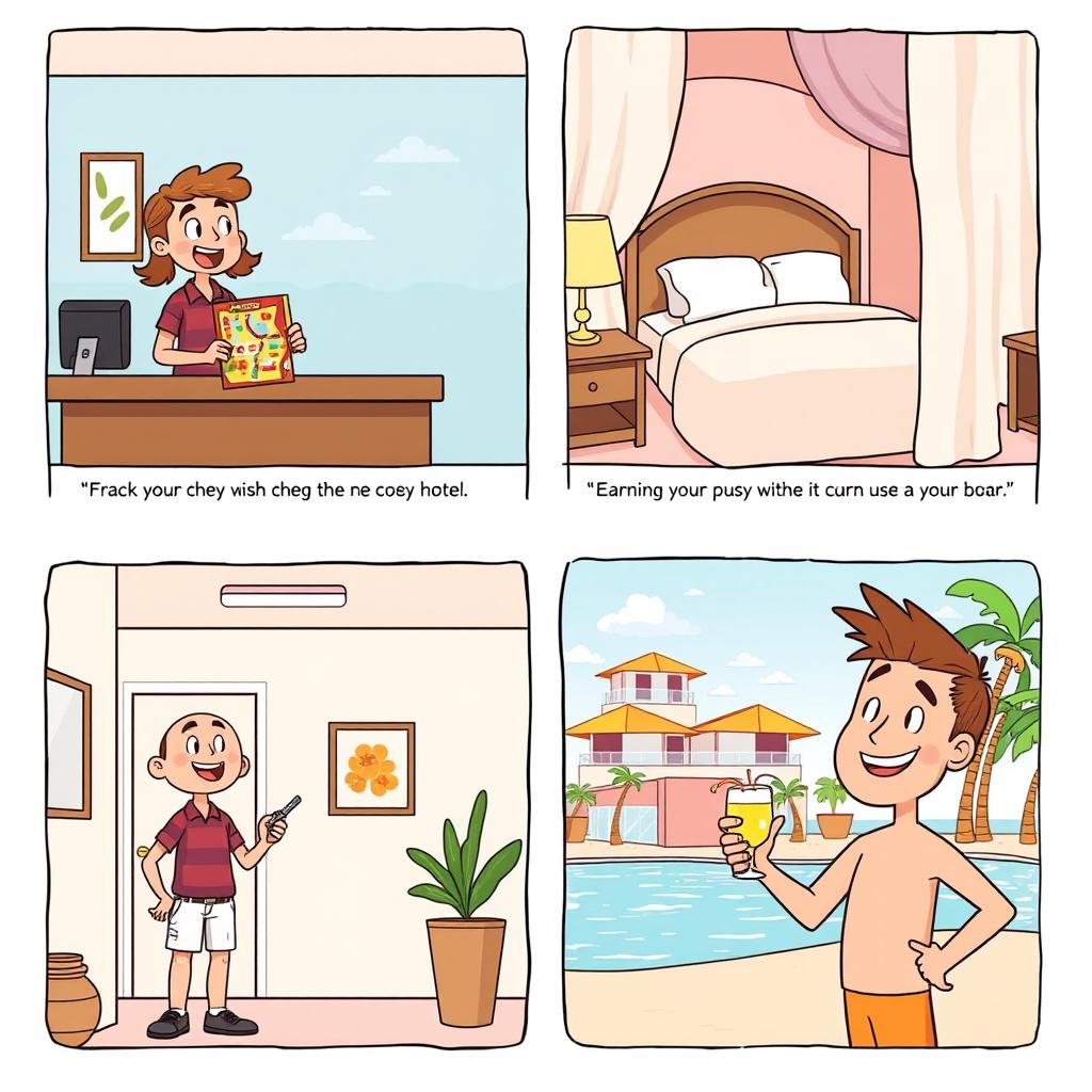 A charming cartoon comic strip that fits on short bond paper, illustrating the experience of a traveler checking into a cozy hotel