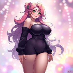 A full-body portrait of an anime-style character, featuring a voluptuous woman with large breasts and an attractive curvy figure