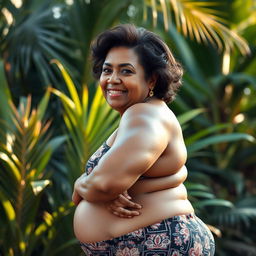 A mature, attractive Indonesian woman in her 65 years, with beautiful brown skin and voluptuous BBW (Big Beautiful Woman) body, posing confidently in a natural setting