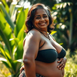 A mature, attractive Indonesian woman in her 65 years, with beautiful brown skin and voluptuous BBW (Big Beautiful Woman) body, posing confidently in a natural setting