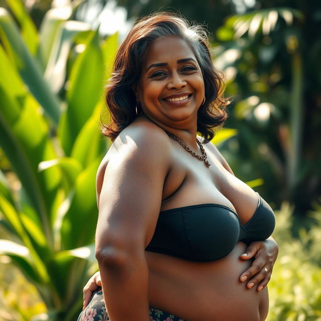 A mature, attractive Indonesian woman in her 65 years, with beautiful brown skin and voluptuous BBW (Big Beautiful Woman) body, posing confidently in a natural setting