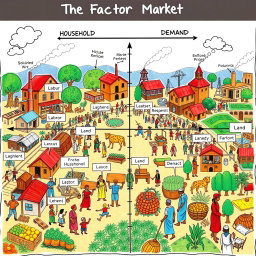 A detailed illustration of a factor market, showing the interaction between households and firms