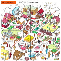 A detailed illustration of a factor market, showing the interaction between households and firms