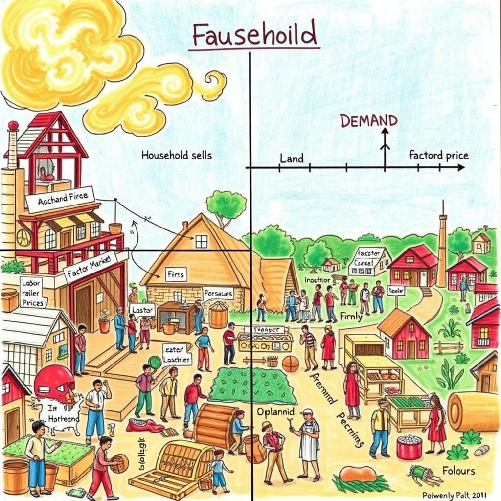 A detailed illustration of a factor market, showing the interaction between households and firms