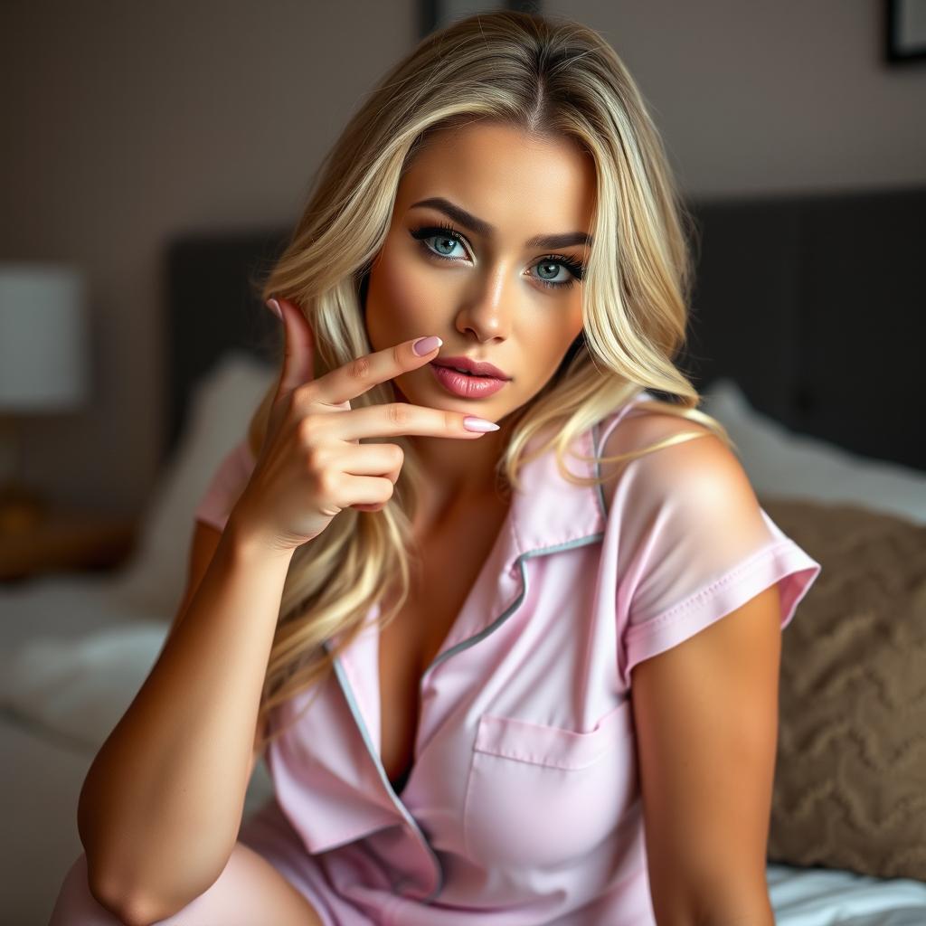 A beautiful, slim blonde woman wearing a cute pajamas, playfully showcasing a suggestive gesture near her lips, with a flirtatious expression on her face