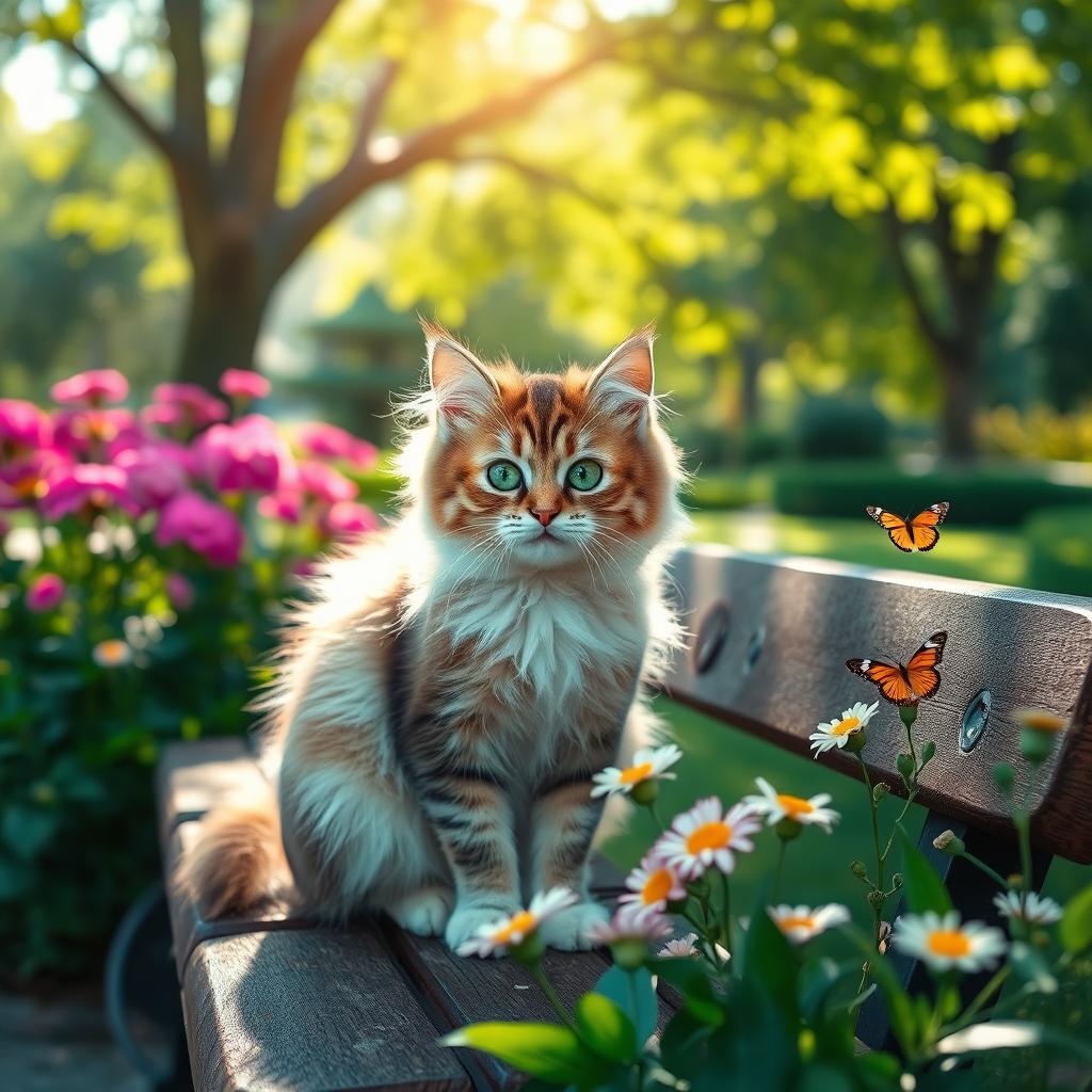 A cute cat sitting on a wooden bench in a sunlit park, surrounded by vibrant flowers and greenery