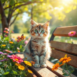 A cute cat sitting on a wooden bench in a sunlit park, surrounded by vibrant flowers and greenery