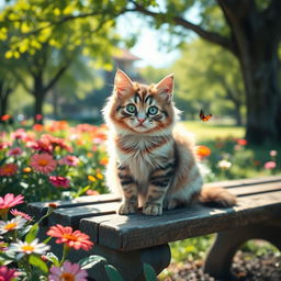 A cute cat sitting on a wooden bench in a sunlit park, surrounded by vibrant flowers and greenery