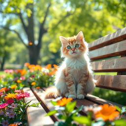 A cute cat sitting on a wooden bench in a sunlit park, surrounded by vibrant flowers and greenery