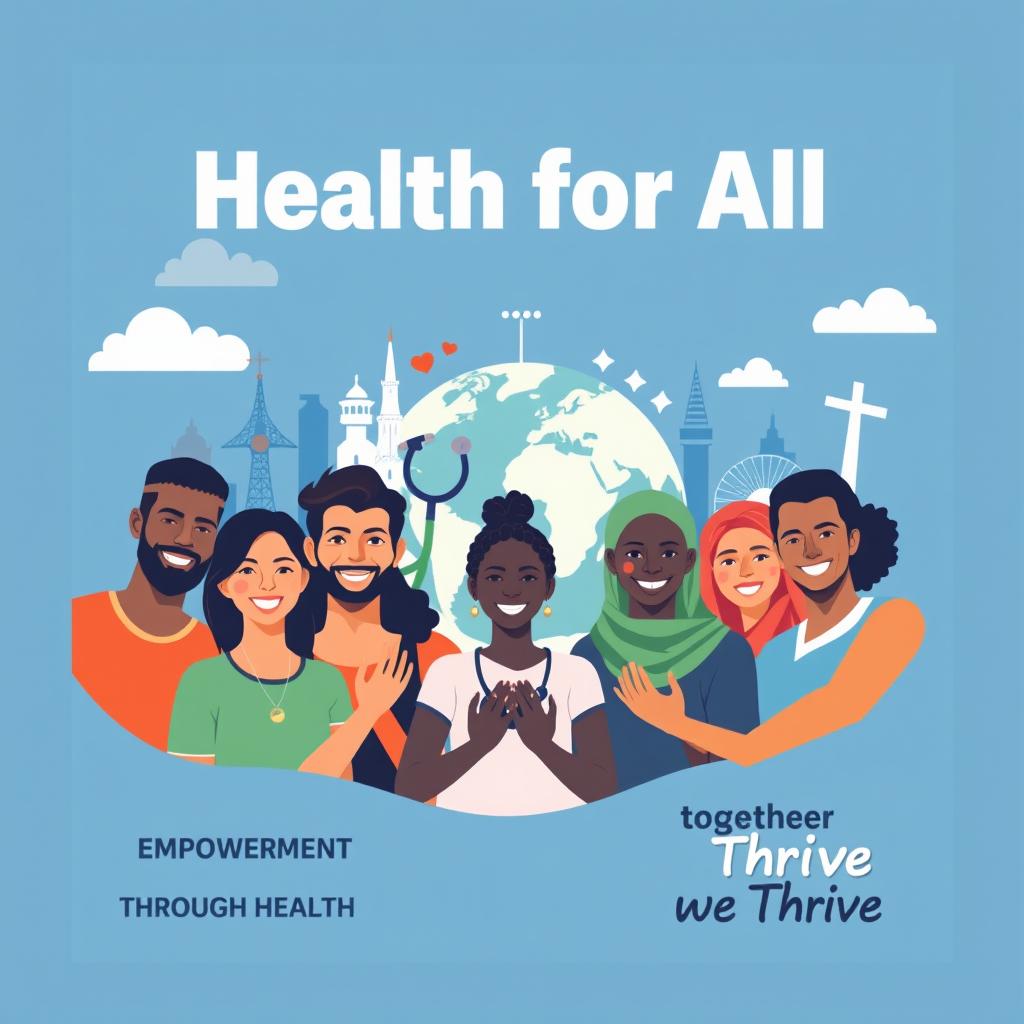 A powerful and inspiring poster design representing the vision of people having free access to Global Health Initiatives