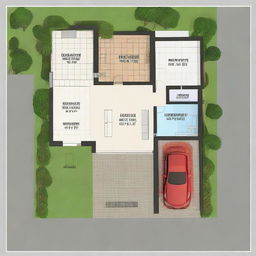 An expertly planned plot map design for a 2 bedroom, 2 washroom house with a designated car parking space, situated on a 30x30 feet plot. The design reflects strategic space distribution and attractive layout.