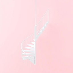 A mesmerizing spiral staircase in pure white, elegantly suspended against a soft pink background