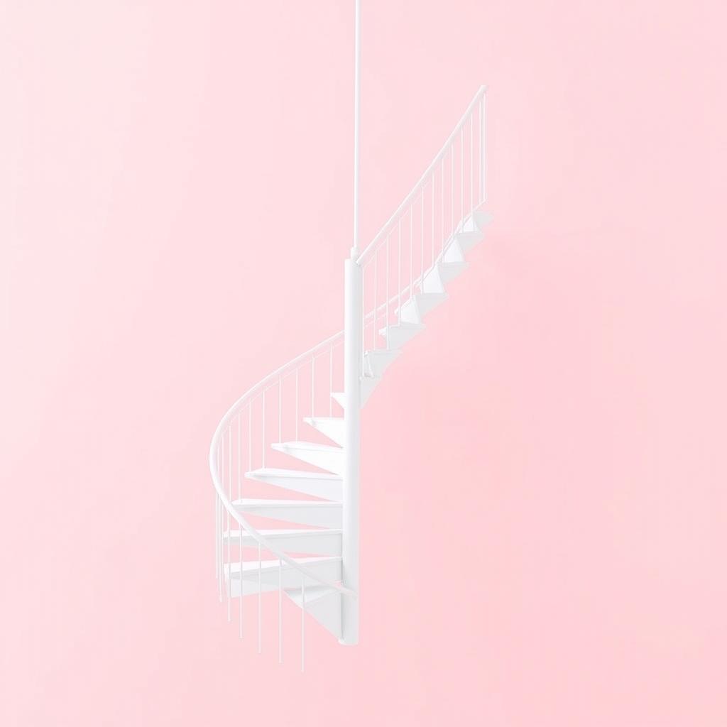 A mesmerizing spiral staircase in pure white, elegantly suspended against a soft pink background