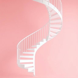 A mesmerizing spiral staircase in pure white, elegantly suspended against a soft pink background