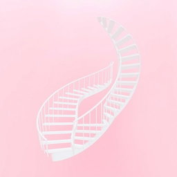 A mesmerizing spiral staircase in pure white, elegantly suspended against a soft pink background