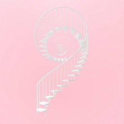 A mesmerizing spiral staircase in pure white, elegantly suspended against a soft pink background
