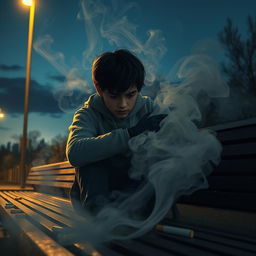 A powerful and emotional representation of smoking addiction, featuring a close-up of a young adult with a distressed expression, surrounded by swirling clouds of smoke