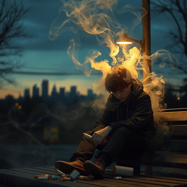 A powerful and emotional representation of smoking addiction, featuring a close-up of a young adult with a distressed expression, surrounded by swirling clouds of smoke