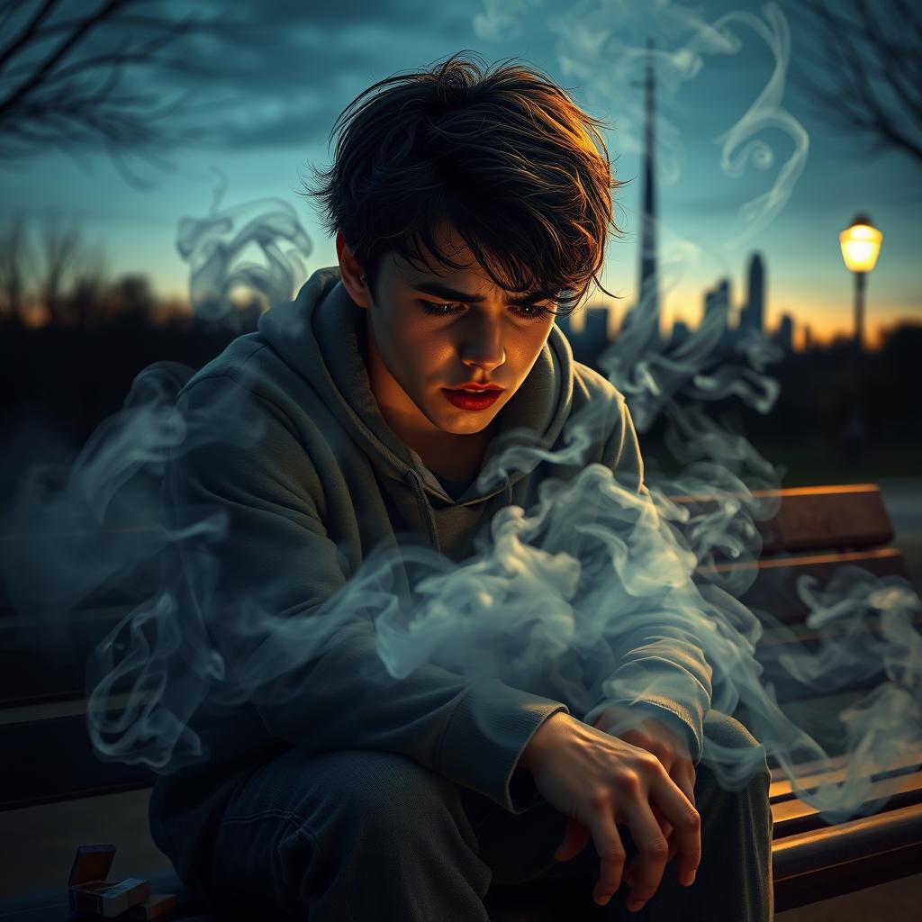 A powerful and emotional representation of smoking addiction, featuring a close-up of a young adult with a distressed expression, surrounded by swirling clouds of smoke