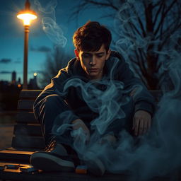A powerful and emotional representation of smoking addiction, featuring a close-up of a young adult with a distressed expression, surrounded by swirling clouds of smoke