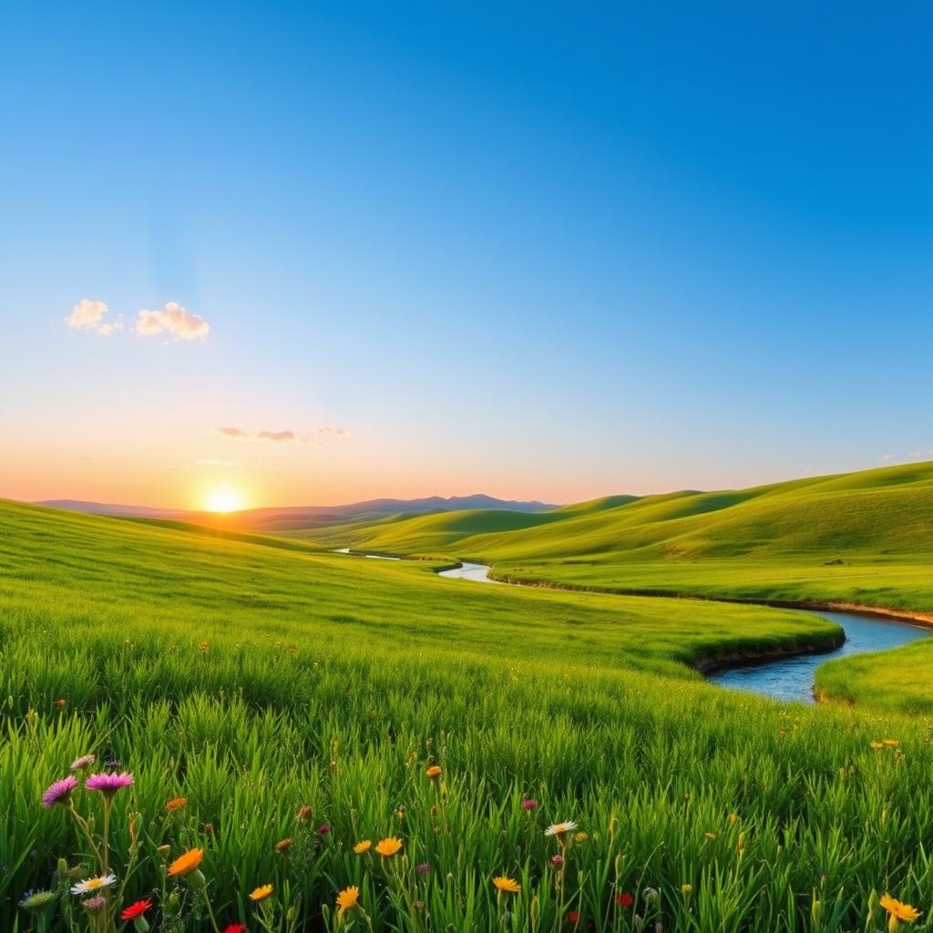 A serene landscape featuring a lush, green meadow under a clear blue sky