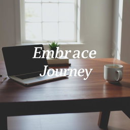 An image depicting a minimalist workspace on a wooden desk, featuring a laptop, a potted succulent, and a steaming cup of coffee