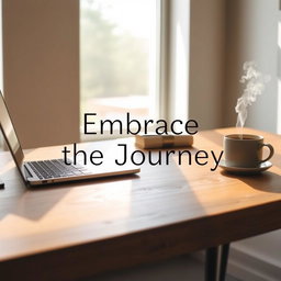 An image depicting a minimalist workspace on a wooden desk, featuring a laptop, a potted succulent, and a steaming cup of coffee