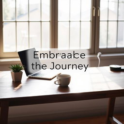 An image depicting a minimalist workspace on a wooden desk, featuring a laptop, a potted succulent, and a steaming cup of coffee