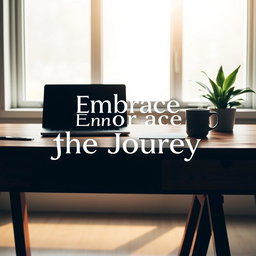 An image depicting a minimalist workspace on a wooden desk, featuring a laptop, a potted succulent, and a steaming cup of coffee